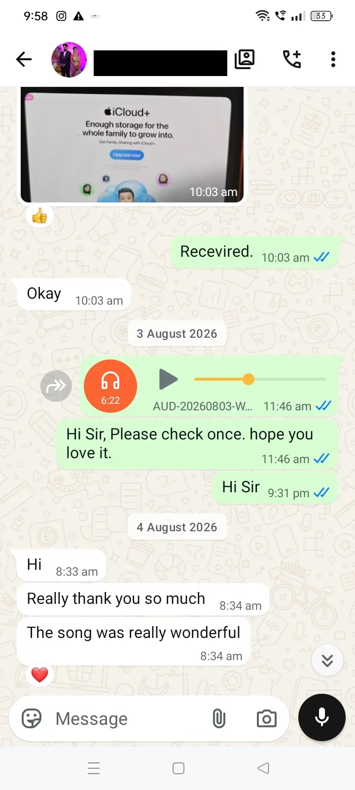 WhatsApp customer feedback for CustomAISongs personalized song